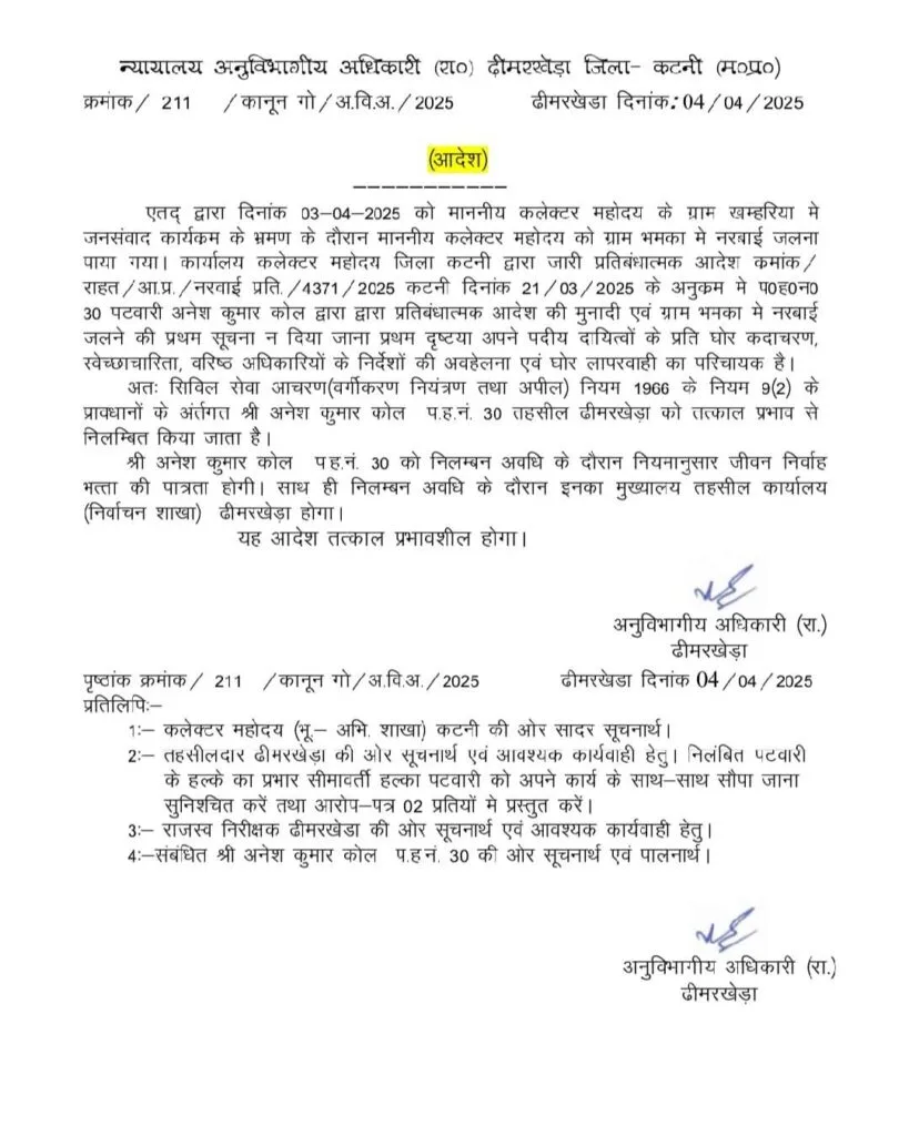 कटनी : नरवाई न जलाने के प्रतिबंधात्मक की मुनादी न कराने पर पटवारी निलंबित