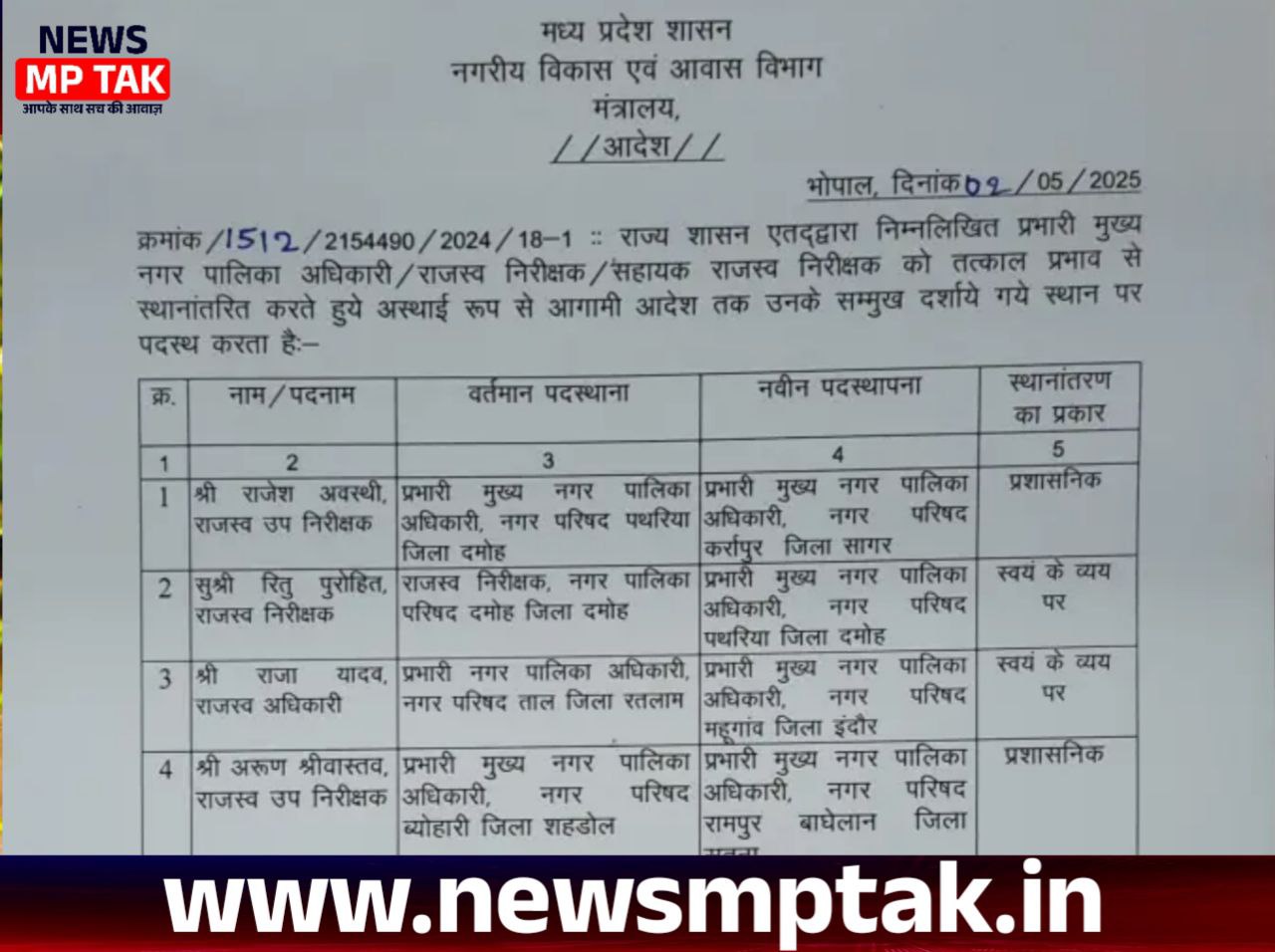 SMO Transfer: मध्य प्रदेश में नगर पालिका के राजस्व निरीक्षकों का स्थानांतरण