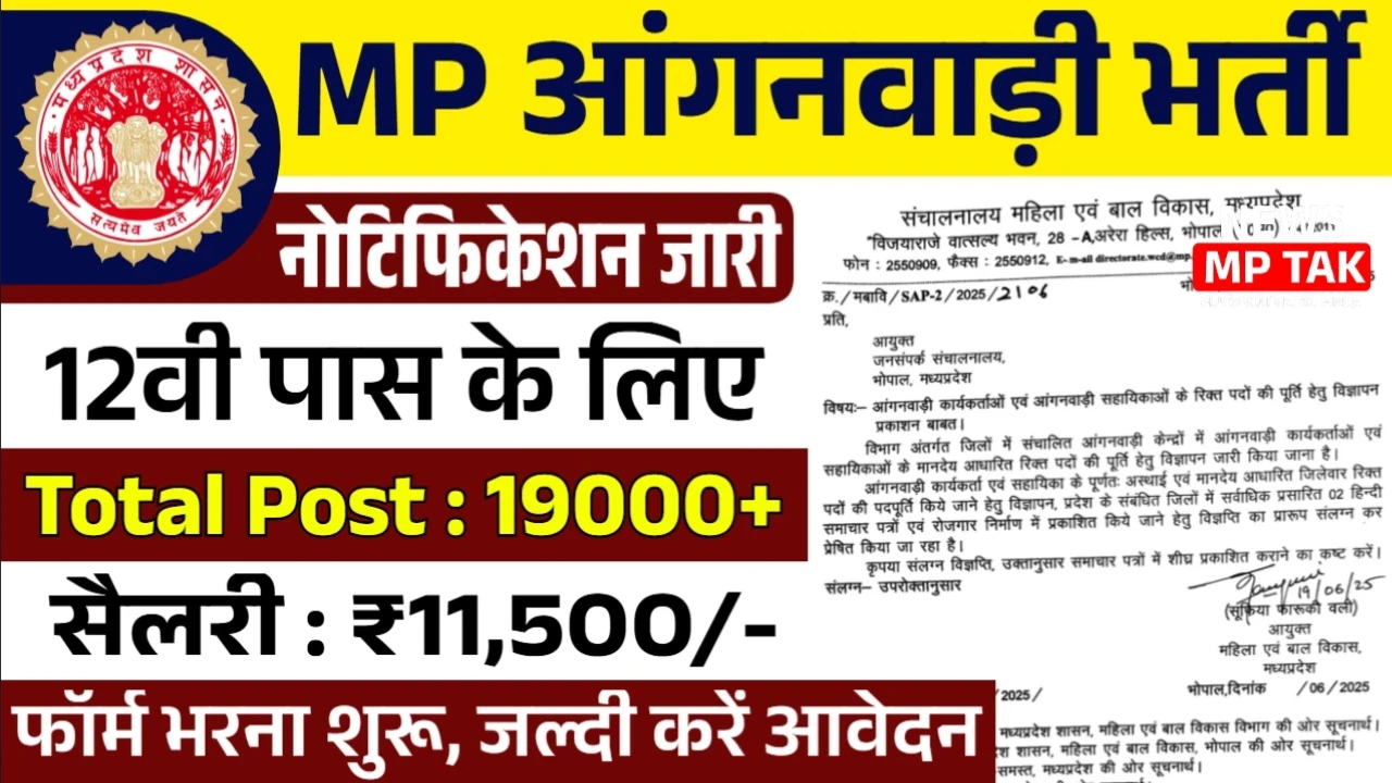 MP Anganwadi Bharti 2025: 19,500 पदों पर भर्ती शुरू, जानें आवेदन की शर्तें और अंतिम तारीख